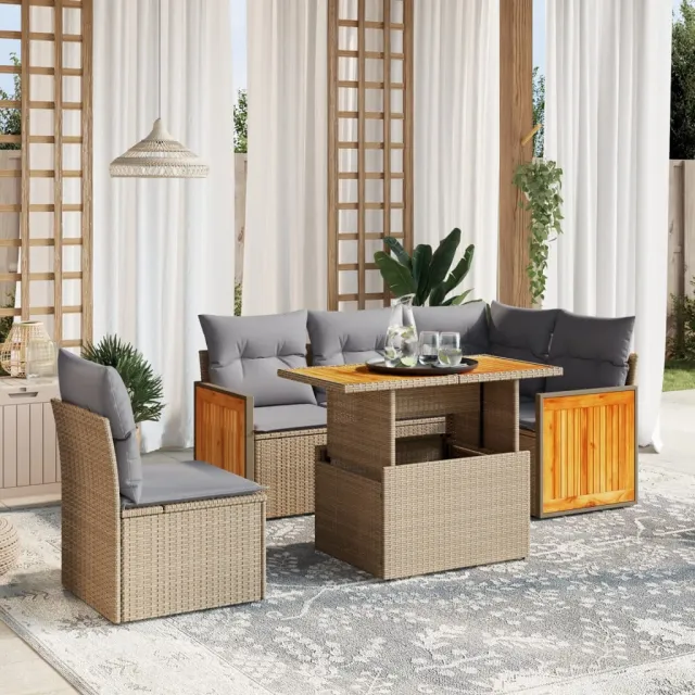 vidaXL 6-delige Loungeset met kussens poly rattan beige, foto 2