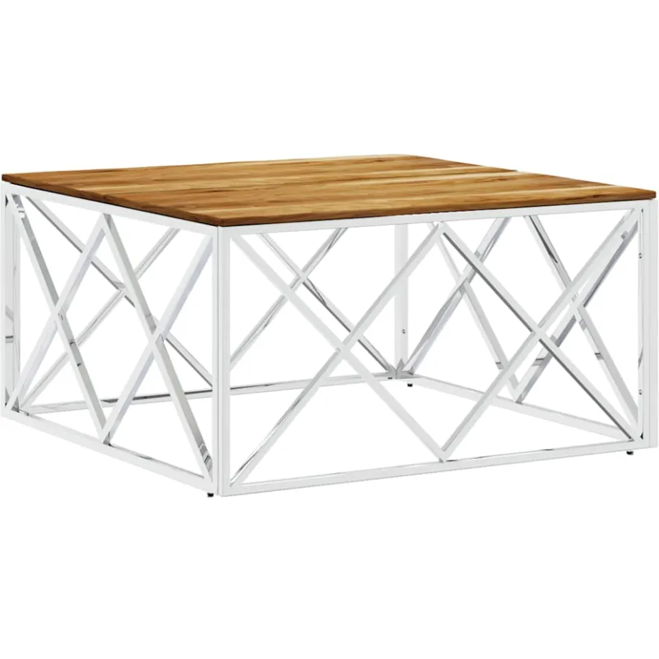 vidaXL Salontafel roestvrij staal en massief acaciahout zilverkleurig, foto 4