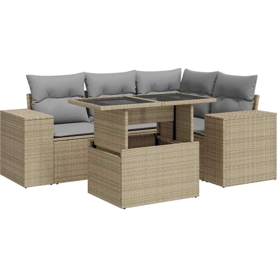 vidaXL 5-delige Loungeset met kussens poly rattan beige, foto 3