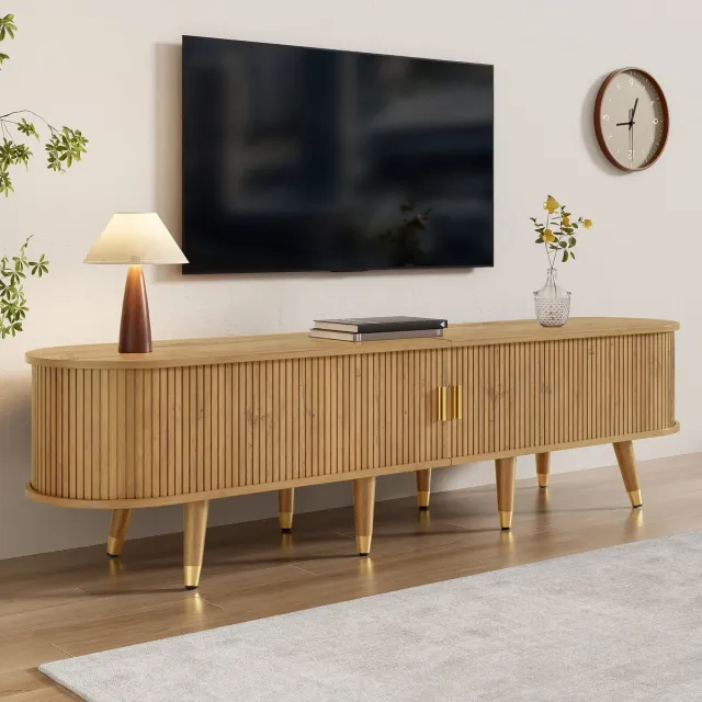 HAUSS SPOLE Tv-Meubel - Tv-Kast Met Glijdende Schuifdeuren En Ruime Opbergruimte, Lade En Open Planken, Goudkleur Grepen En Poten - MDF - 175x38x45 cm - Houtnerf Houtkleur