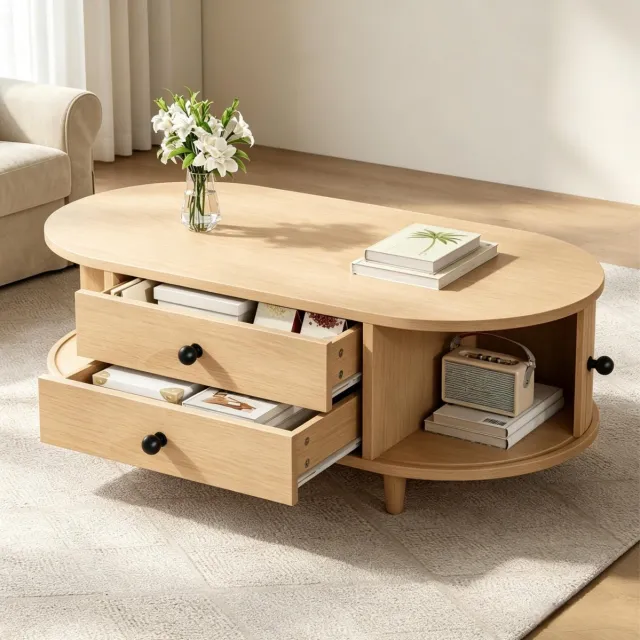 MEUNIQ Salontafel 100 x 50 x 36 cm met roldeuren, 2 lades en houten poten, naturel MDF koffietafel voor de woonkamer, draagvermogen 50 kg Licht hout