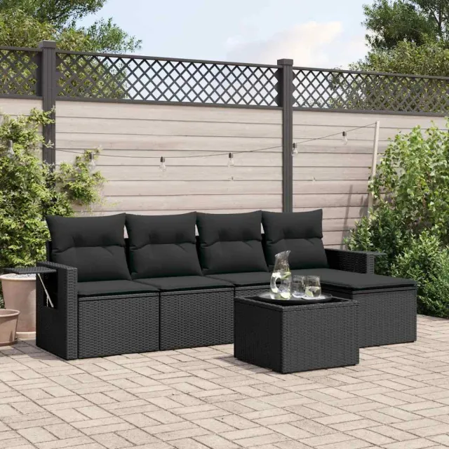 vidaXL 6-delige Loungeset met kussens poly rattan zwart, foto 2