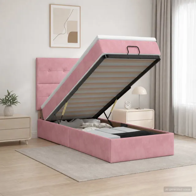 vidaXL Ottoman Bed met Matrassen en LED Roze 100 x 200 cm fluweel