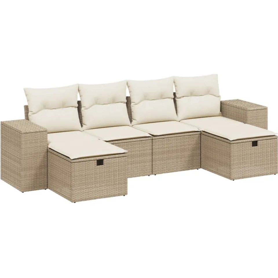 vidaXL 6-delige Loungeset met kussens poly rattan beige, foto 3