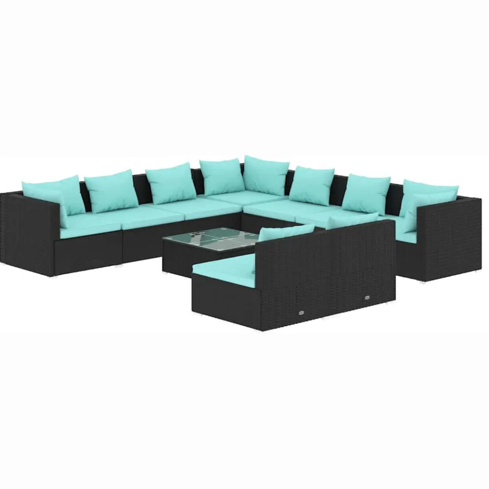 vidaXL 10-delige Loungeset met kussens poly rattan zwart
