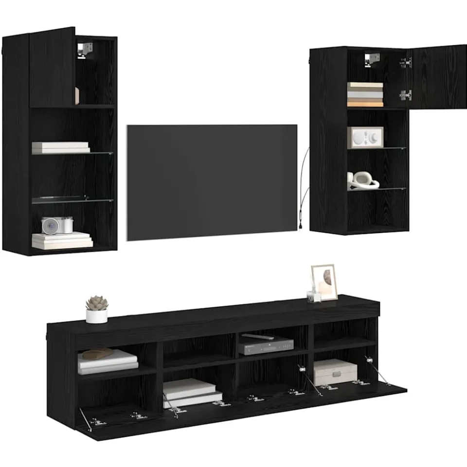 vidaXL TV Wand Eenheden met LED 5 st Zwart Eiken Bewerkt hout, foto 3