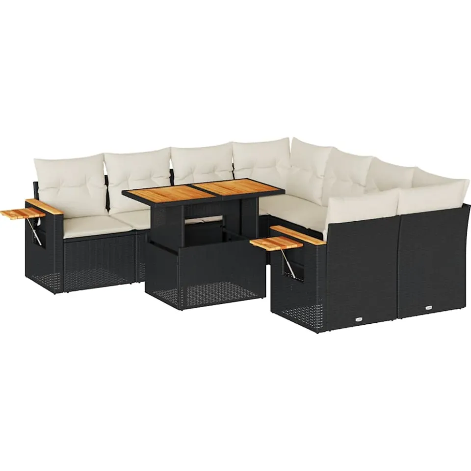 vidaXL 9-delige Loungeset met kussens poly rattan acacia zwart, foto 3