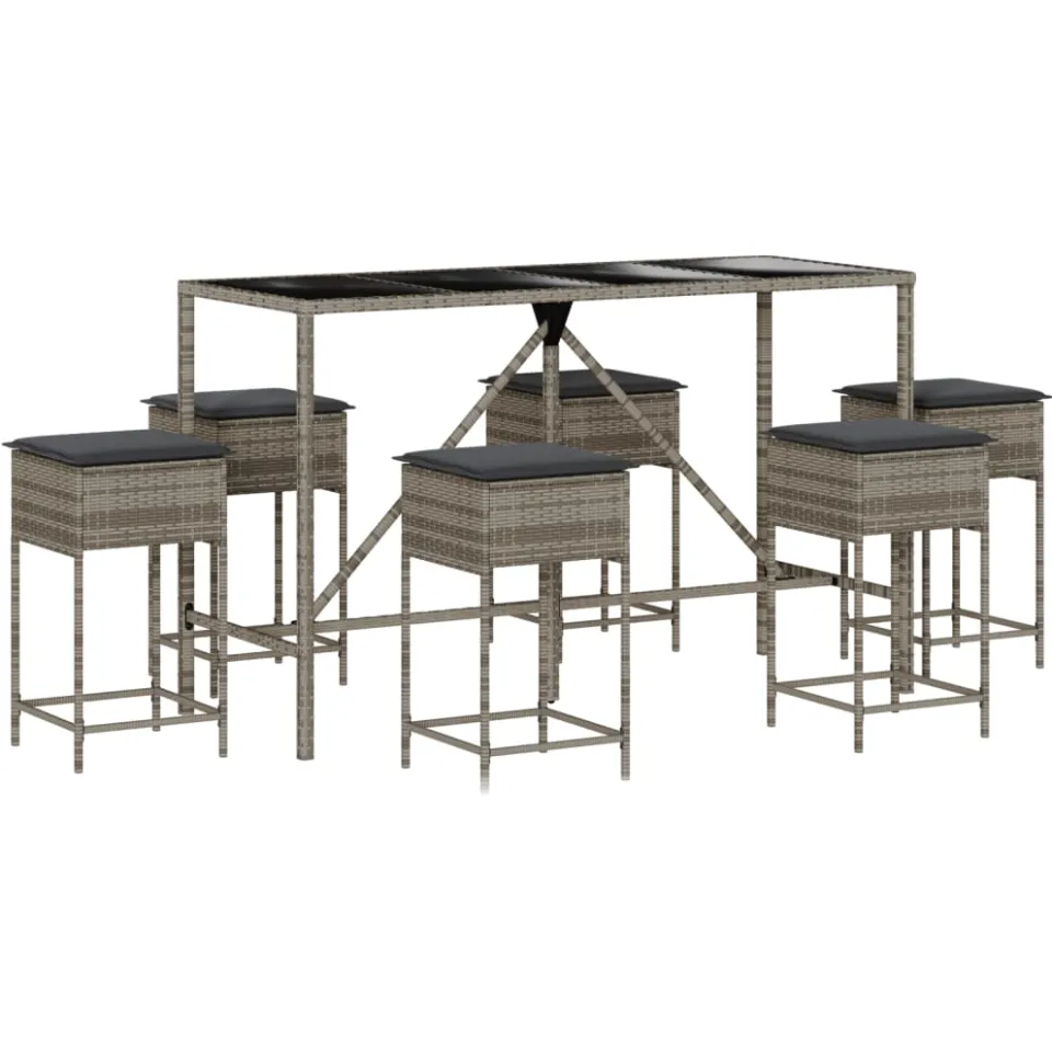 vidaXL 7-delige Tuinbarset met kussens poly rattan grijs