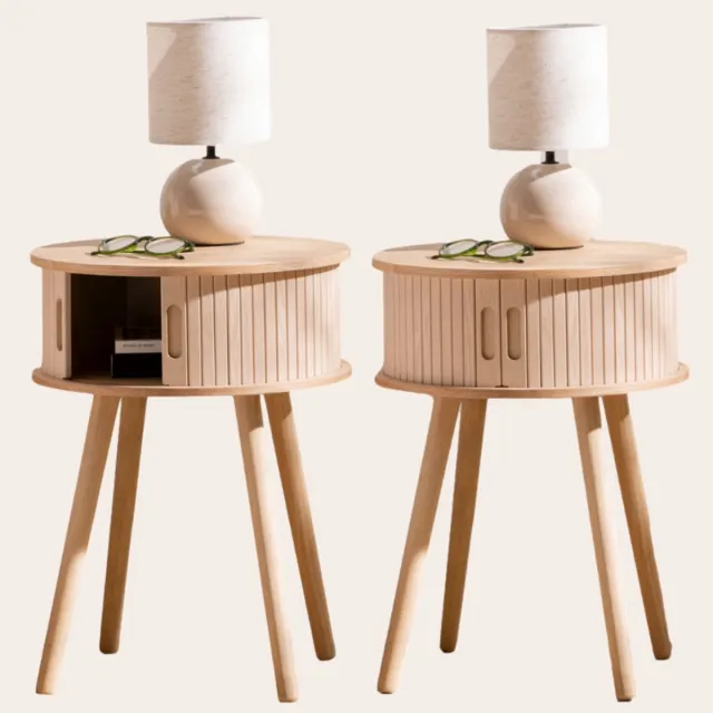 MISOU Nachtkastjes set van 2 - met Deuren - 40x40x54cm - Nachtkastje Hout Beige - Rond - Bedside Table - JULIET Bruin