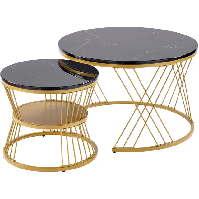 Ropilly Nesting Salontafel-Ronde Salontafel Set van 2-Ruimtebesparend-Hoogglans Marmerlook-30kg Draagkracht – Woonkamer – 70x70x45cm-Zwart Goud Zwart met goud