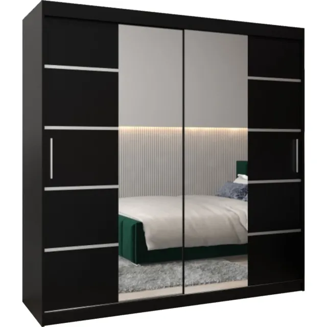 AJE Meubles B.V. InspireMe - Kledingkast met 2 schuifdeuren, Modern-stijl, Kledingkast met planken (BxHxD): 200x200x62 - VENTILA IV 200 Zwart Mat met 4 lades