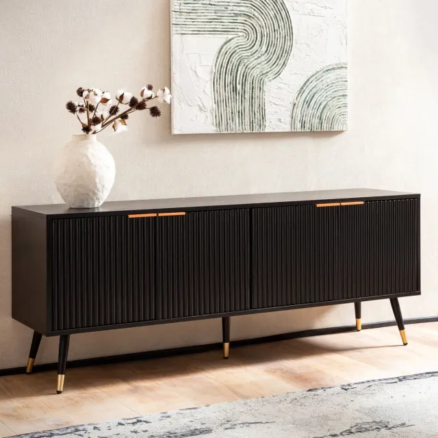 Ervesto Lowboard Tv-meubel - Zwart Eiken Decor 150x60x39 Cm - Tv-kast Met Deuren - Modern Dressoir Voor Woonkamer