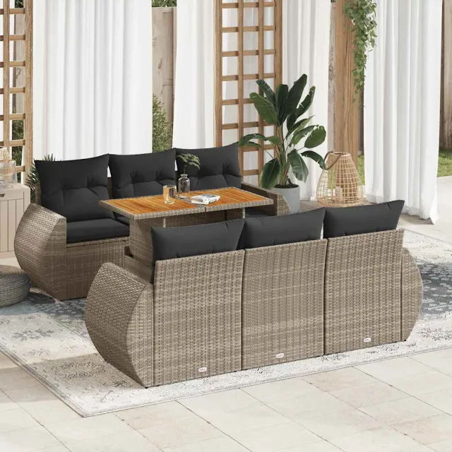 vidaXL 7-delige Loungeset met kussens poly rattan grijs, foto 2