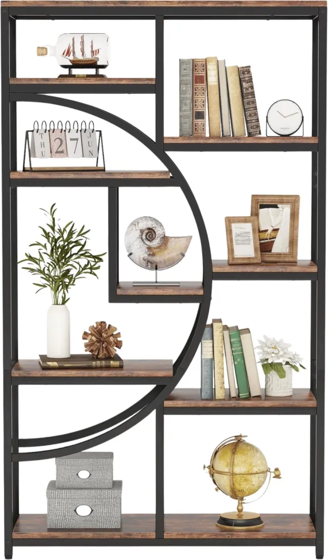 Homezo boekenkast - Open kast met planken - Industrieel - 9 vakken - Boeken, planten, decoratie - Geometrisch ontwerp - 95x30x175 Bruin, zwart
