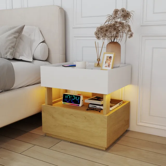 FloraGrace Nachtkastje - Met 2 Lades En Verstelbare Ledverlichting - Voor Slaapkamer En Woonkamer - Hout - 50x40x50 Cm - Wit Naturel