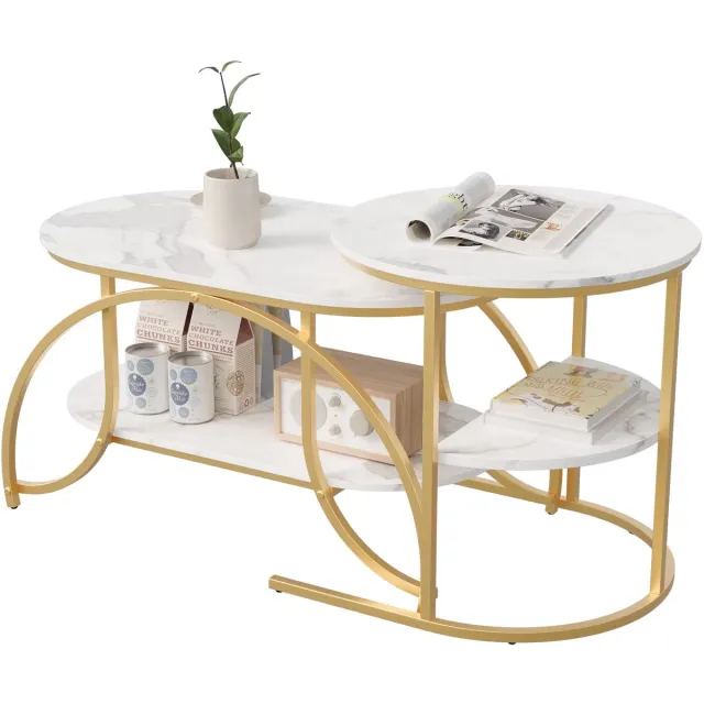 Happiq Salontafel Set Goud - met Opbergruimte, Uitschuifbaar - voor Woonkamer Wit