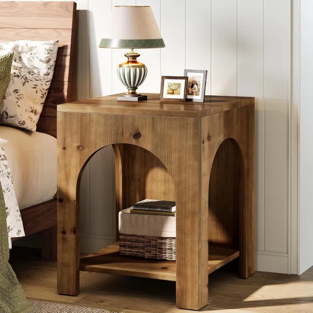 Tribesigns Houten Bijzettafel - 50 x 50 x 65 cm - Smalle Bijzettafel met Arch Design - Bijzettafel met 2 Opbergvakken - Bruin
