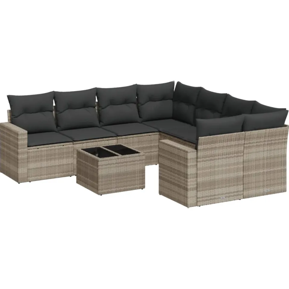 vidaXL 9-delige Loungeset met kussens poly rattan lichtgrijs grijs