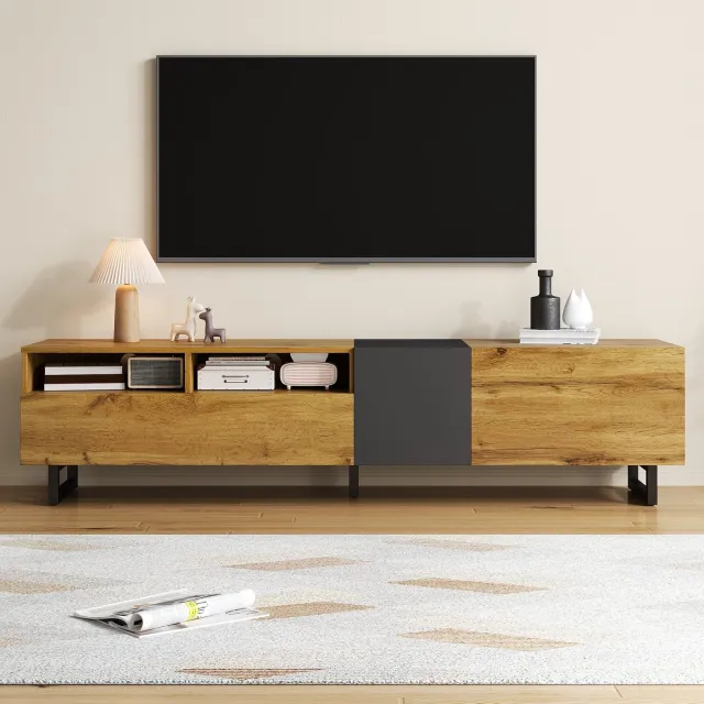 REDOM TV-Meubel - 3 Deuren En 2 Open Vakken - Modern - Metaal En Spaanplaat - Donkergrijs En Naturel - 170 X 36,5 X 42 Cm Antiek donkergrijs + Natuurlijk