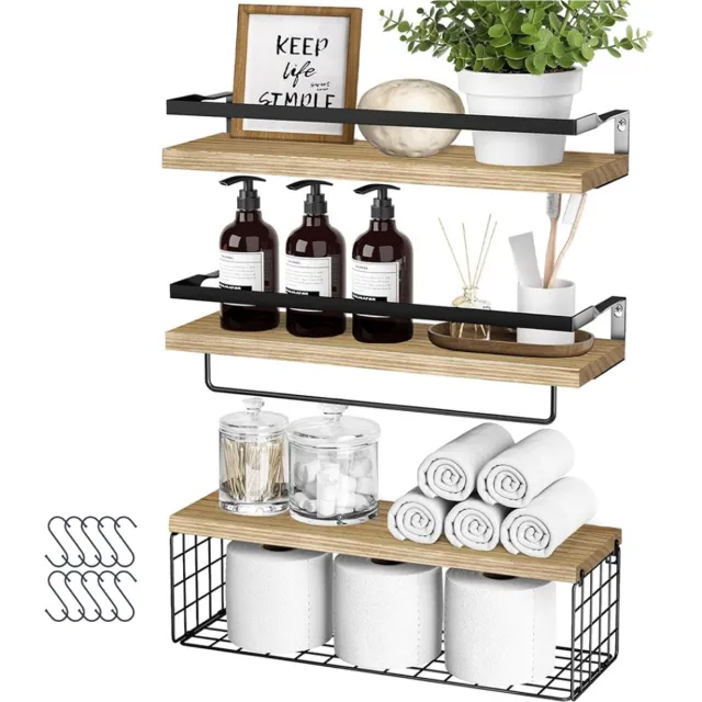 Kaëru Wandplanken - Set van 3 - Boekenplank - Met metalen frame - Met 10 haken - Draagvermogen 10 kg per plank - 42x15.5cm - Houten planken - Badkamer, keuken, woonkamer - Natuurlijke houtkleur