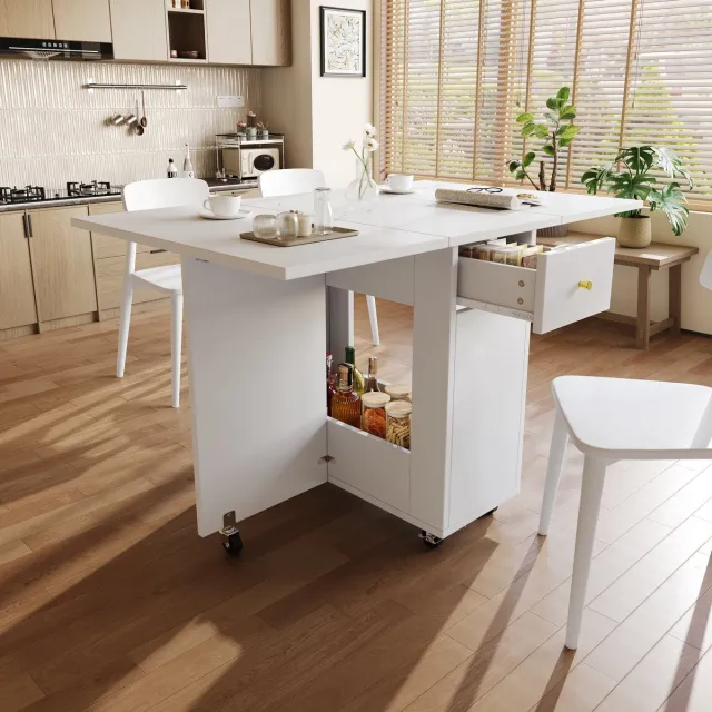 OKWISH Klapbare Eettafel – Met Opbergruimte En 2 Lades – Voor Keuken En Eethoek – MDF Wit – 120 x 75 x 75 cm