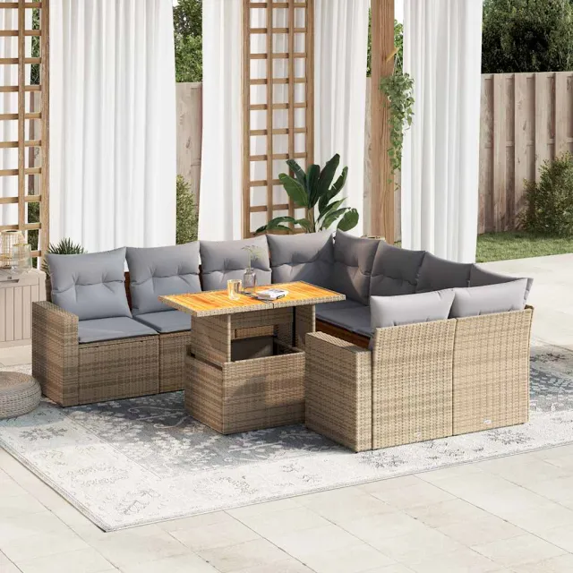 vidaXL 9-delige Loungeset met kussens poly rattan beige, foto 2