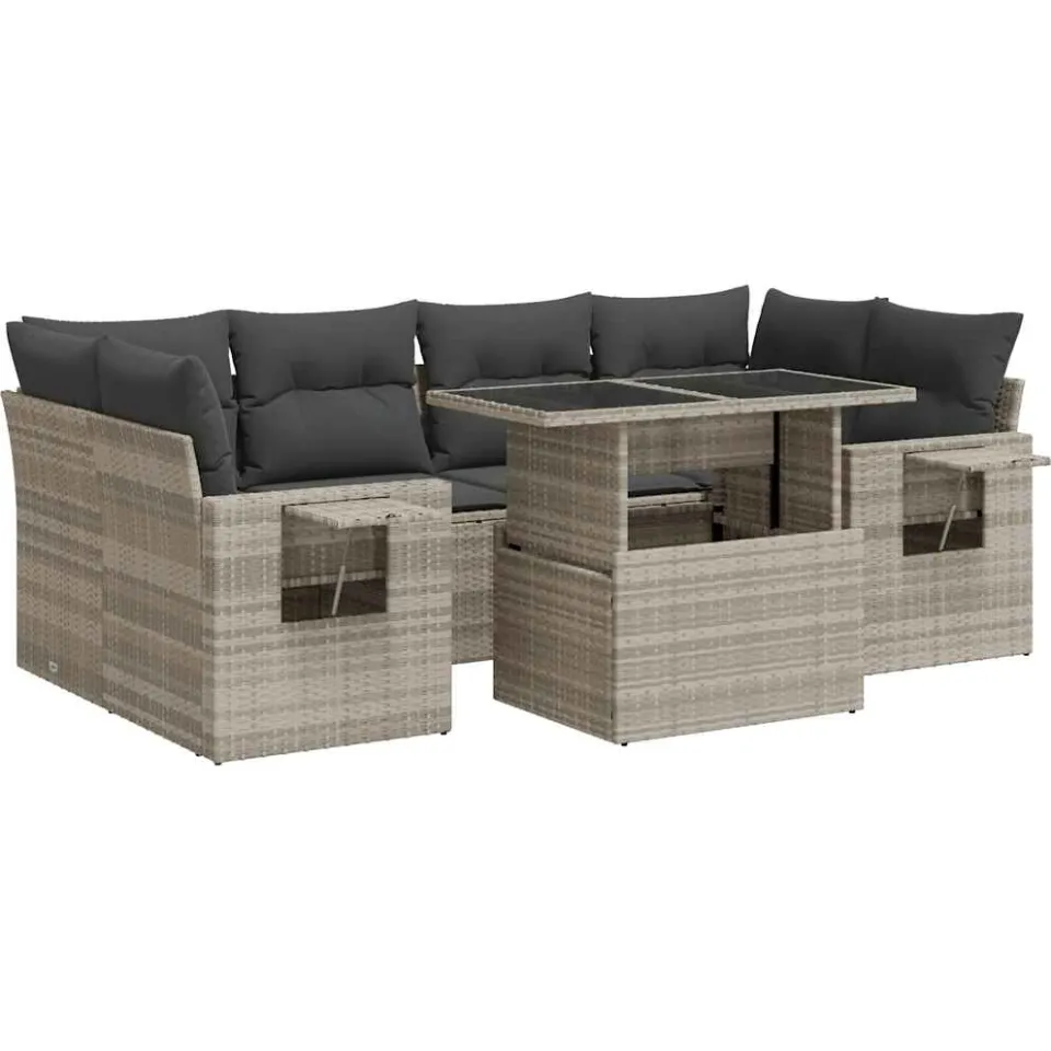 vidaXL 7-delige Loungeset met kussens poly rattan lichtgrijs grijs, foto 3