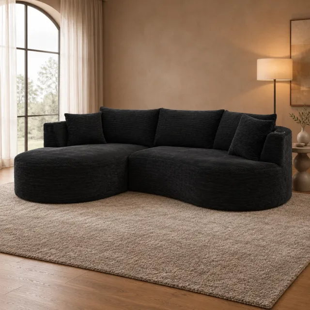WUVRIE 3-zits hoekbank met linker chaise longue - Bekerhouders en kussens - Zwart