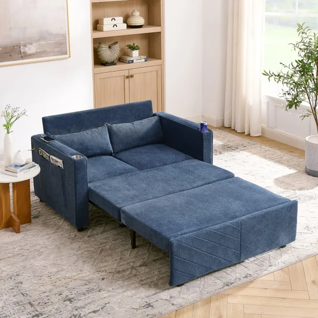 REDOM Slaapbank - 3-in-1 uitschuifbaar met USB-oplaadpunten - Minimalistisch design - Voor woonkamer of logeerkamer - Hout en stof - Donkerblauw - 195 x 134 x 73 cm Marineblauw