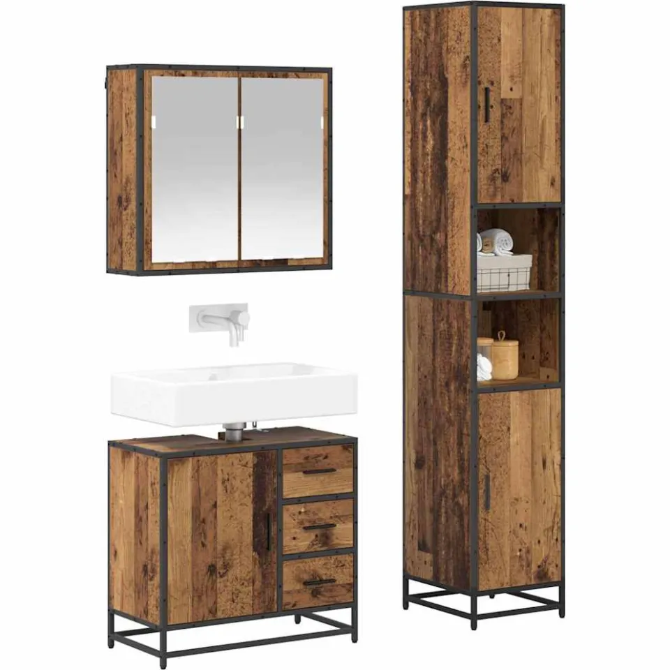 vidaXL Badkamermeubelset 3 st Oud Hout 65 x 33 x 60 cm Bewerkt hout Bruin