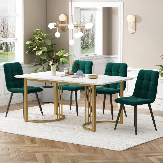 Sweiko Eettafel set (5-delige set), Eettafel set met 4-stoelen, Moderne keuken eettafel set, 140 x 80cm keuken eettafel met gouden metalen poten, Wit MDF tafelblad, donkergroen fluweel eetkamerstoelen