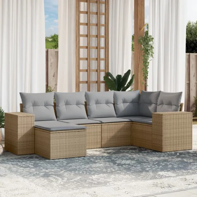 vidaXL 6-delige Loungeset met kussens poly rattan beige, foto 2