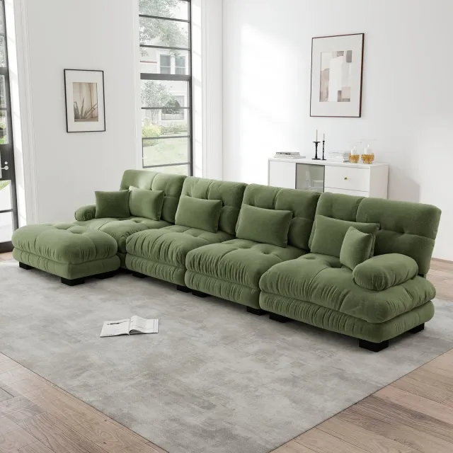 STILVORA Hoekbank 4-Zits - Modulair Met Verplaatsbare Ottomaan - Voor Woonkamer En Kantoor - Chenille - Groen
