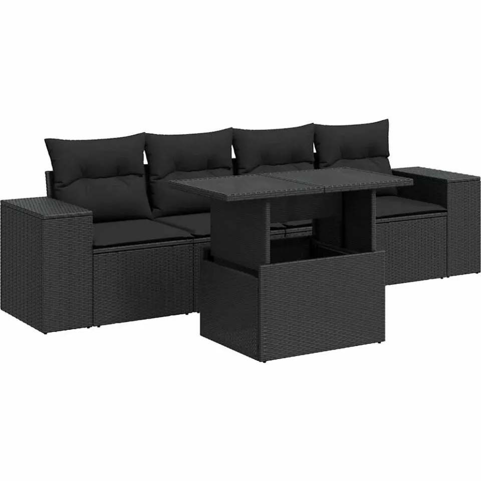 vidaXL 5-delige Loungeset met kussens poly rattan zwart, foto 3