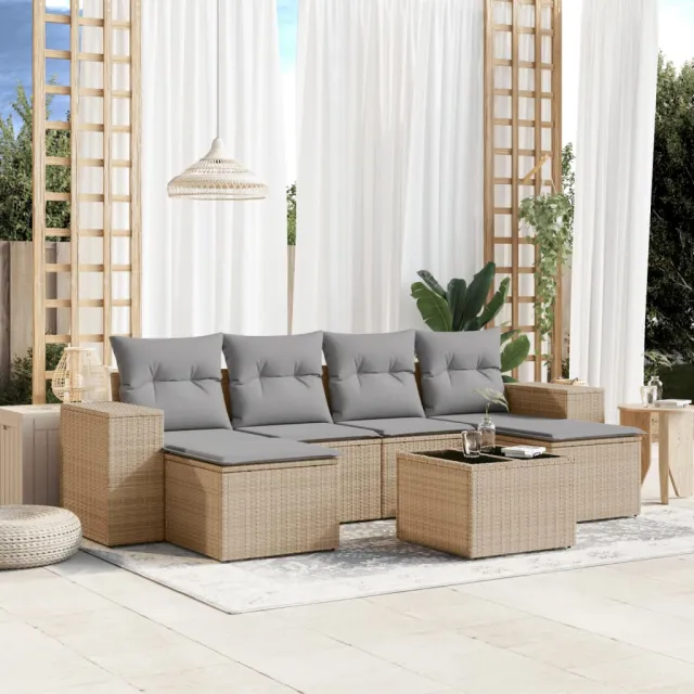 vidaXL 7-delige Loungeset met kussens poly rattan beige, foto 2