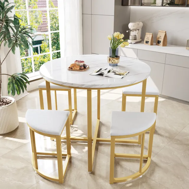 DESMIU Eettafelset 80 x 80 x 75 cm - Ronde Tafel Met 4 Stoelen En Ruimtebesparend Design - Voor Eethoek En Kleine Ruimtes - MDF Metaal - Wit Goud