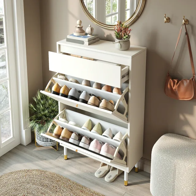 Wishdor Schoenenkast - Smal model met lade en twee kantelvakken - Geribbelde voorkant en zachte sluiting - Metalen poten - Voor hal en entree - MDF en bewerkt hout - Mat wit - 65 x 24 x 104 cm