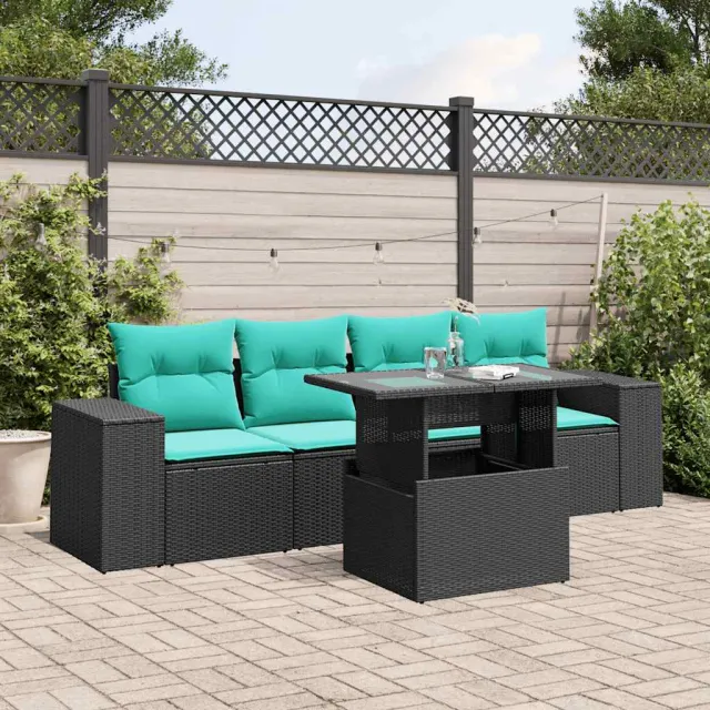 vidaXL 5-delige tuinbankset met kussens van zwart polyrotan, foto 2
