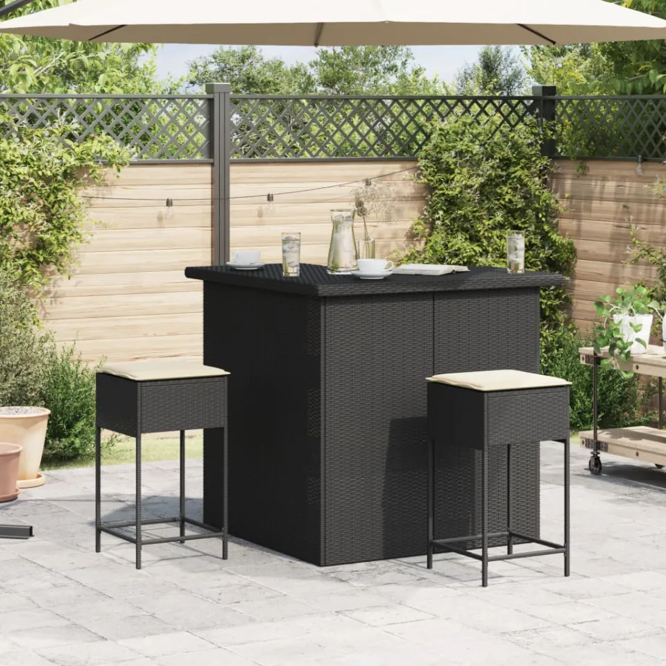 vidaXL 3-delige Tuinbarset met kussens poly rattan zwart, foto 3