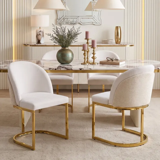 Zubaliya 4 Eetkamerstoelen 59x52x85 cm - Stoelen Set Met Chenille Bekleding En Goud Metalen Poten Beige + Goud