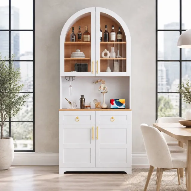 MODENUIT Vitrinekast - Glazen Boogdeuren Met LED-Verlichting - MDF En Spaanplaat - Wit - 80x40x180 Cm