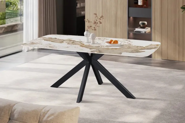 Rousseau Apollo Eettafel – 180 x 90 cm – Deens Ovaal – Glanzend Goudbruin Stenen Blad met Marmerlook – Zwarte Matrixpoot beige -bruin