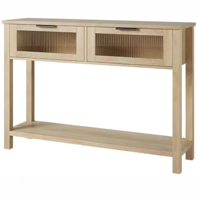 Happiq Consoletafel 2-Laags - Met Glazen Laden en Open Opbergplank - voor woonkamer en hal - Naturel hout Natuurlijk hout