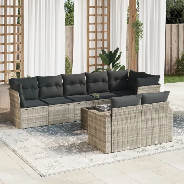 vidaXL 9-delige Loungeset met kussens poly rattan lichtgrijs grijs, foto 2