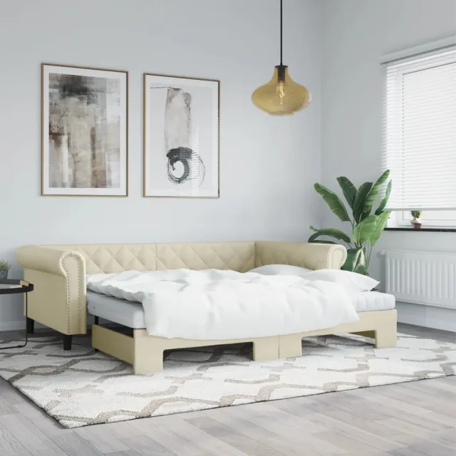vidaXL Slaapbank onderschuifbed en matrassen 90x200 cm kunstleer crème