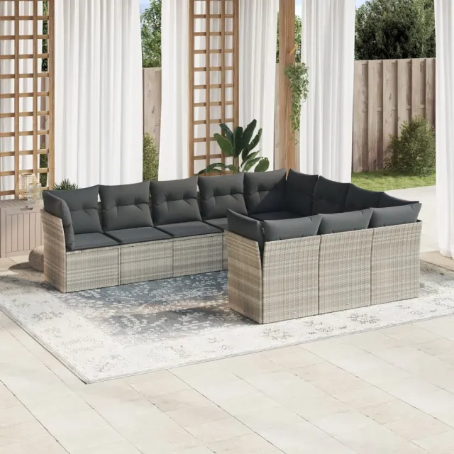 vidaXL 10-delige Loungeset met kussens poly rattan lichtgrijs grijs, foto 2