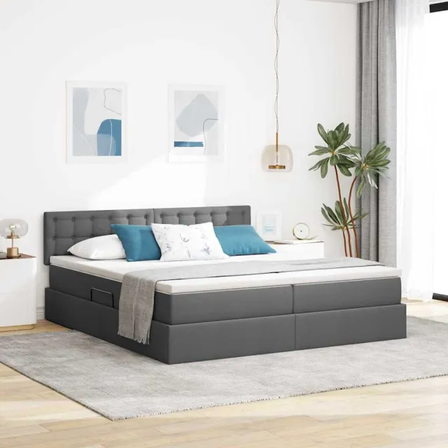 vidaXL Opslag bed met matras Donkergrijs 200 x 200 cm Nep Leer
