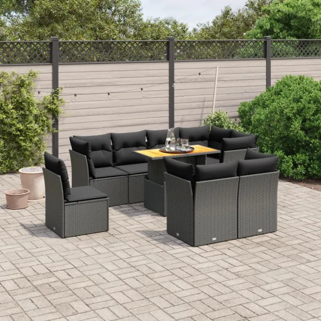 vidaXL 9-delige Loungeset met kussens poly rattan zwart, foto 2