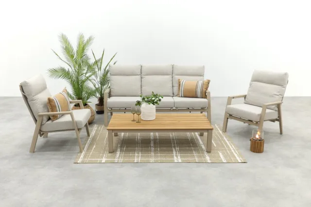 Van der Garde Tuinmeubelen Lagos/Mindo (150x75 cm.) verstelbare 5-zits stoel-bank loungeset - Latte/Teak Zand/Hout kleur/Beige/Latte
