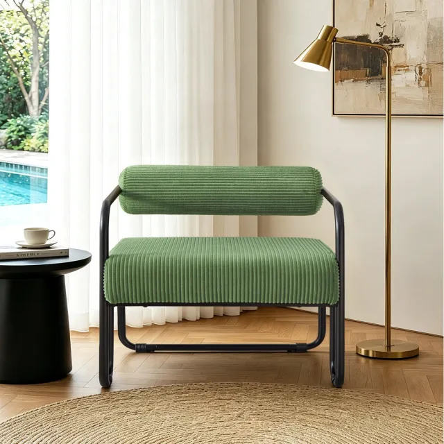 HAUSS SPOLE Fauteuil - Loungefauteuil Met Armleuningen - Modern Industrieel Design Met Zachte Ribstof Bekleding - Voor Woonkamer, Slaapkamer Of Kantoor - Metaal Groen